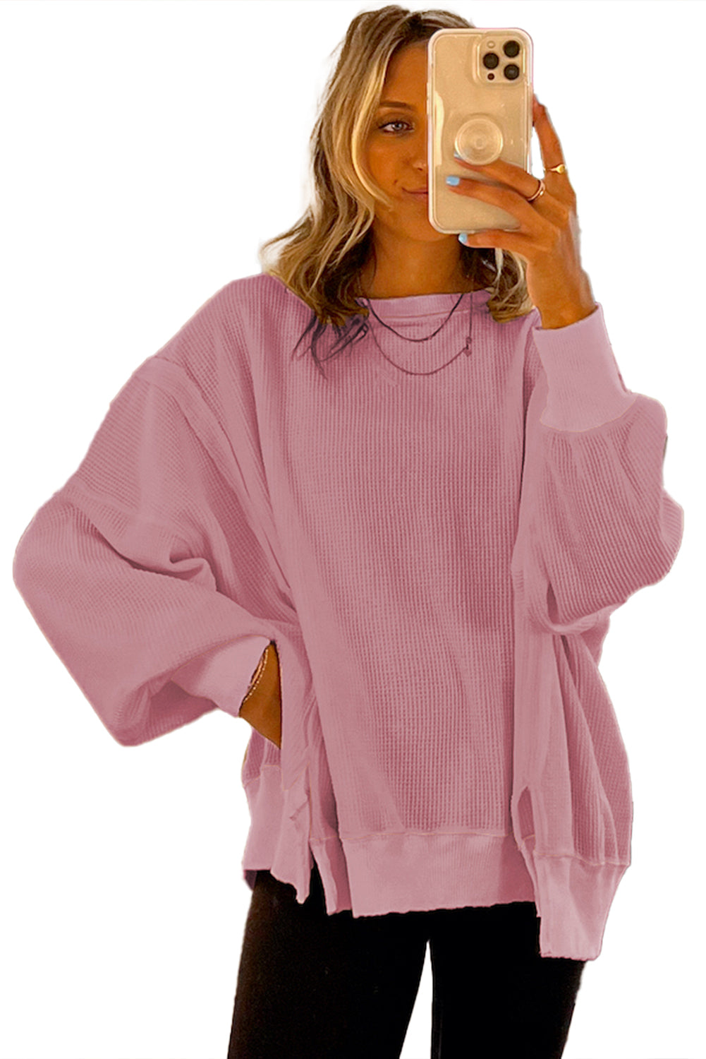 Pink Waffle Knit Bishop Sleeve Split Oversized Sweatshirt Sweatshirts & Hoodies JT's Designer Fashion