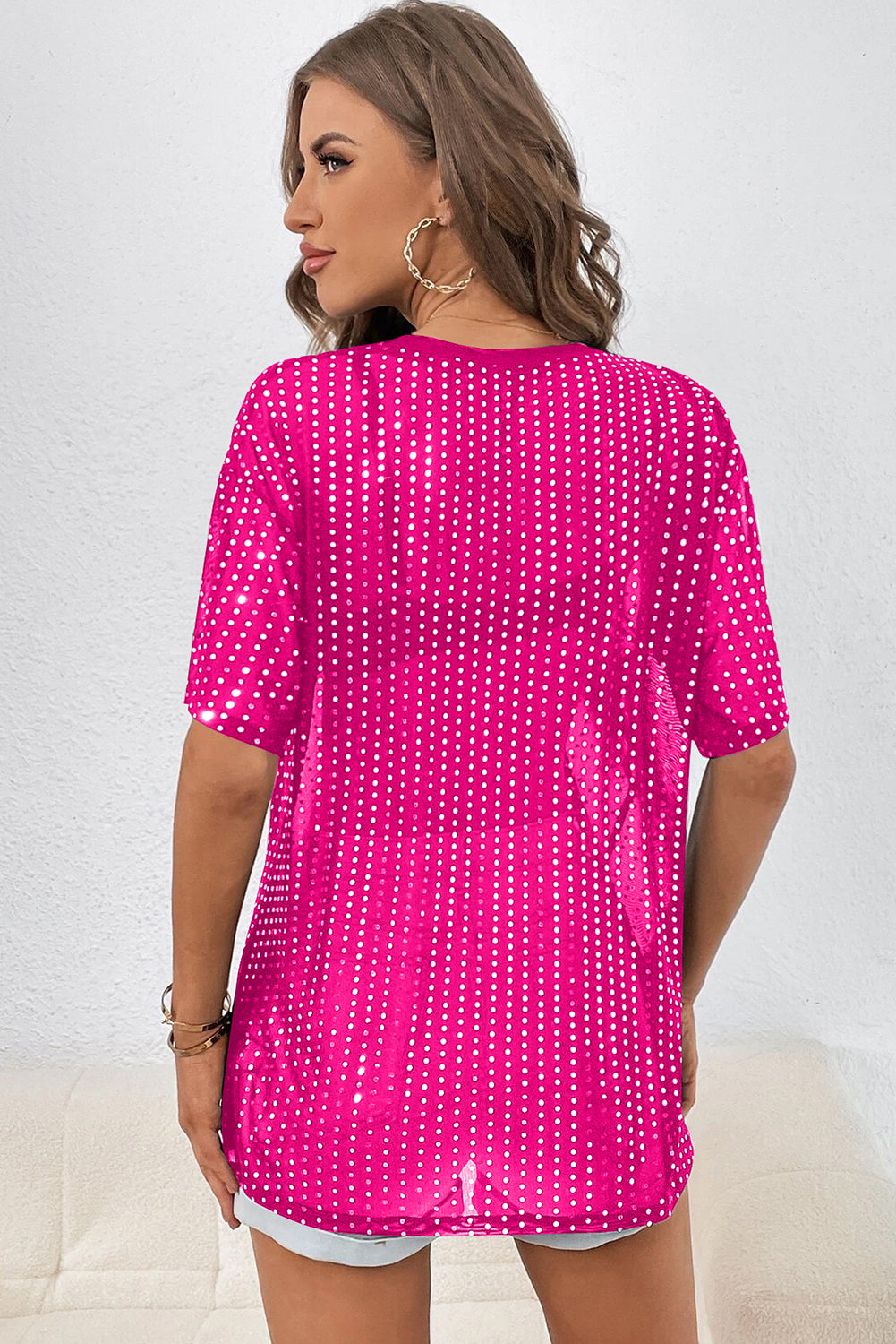 Bright Pink Sequin Drop Shoulder Sheer T-shirt Tops & Tees JT's Designer Fashion