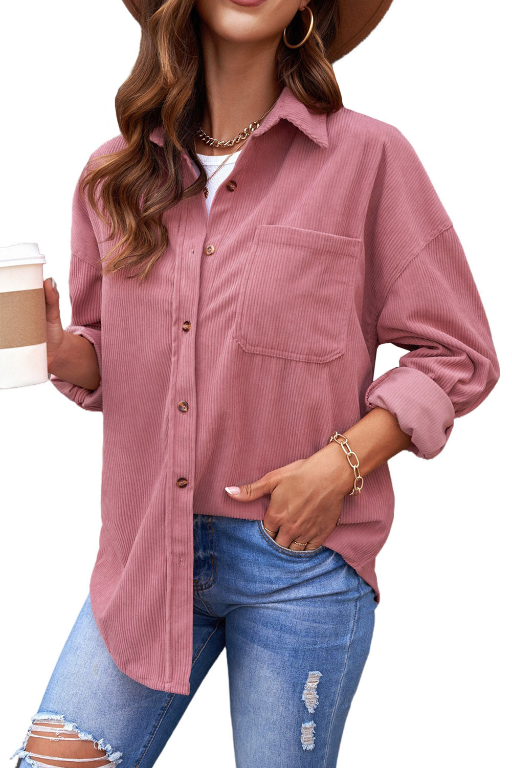 Pink Corduroy Button Pocket Shirt Blouses & Shirts JT's Designer Fashion