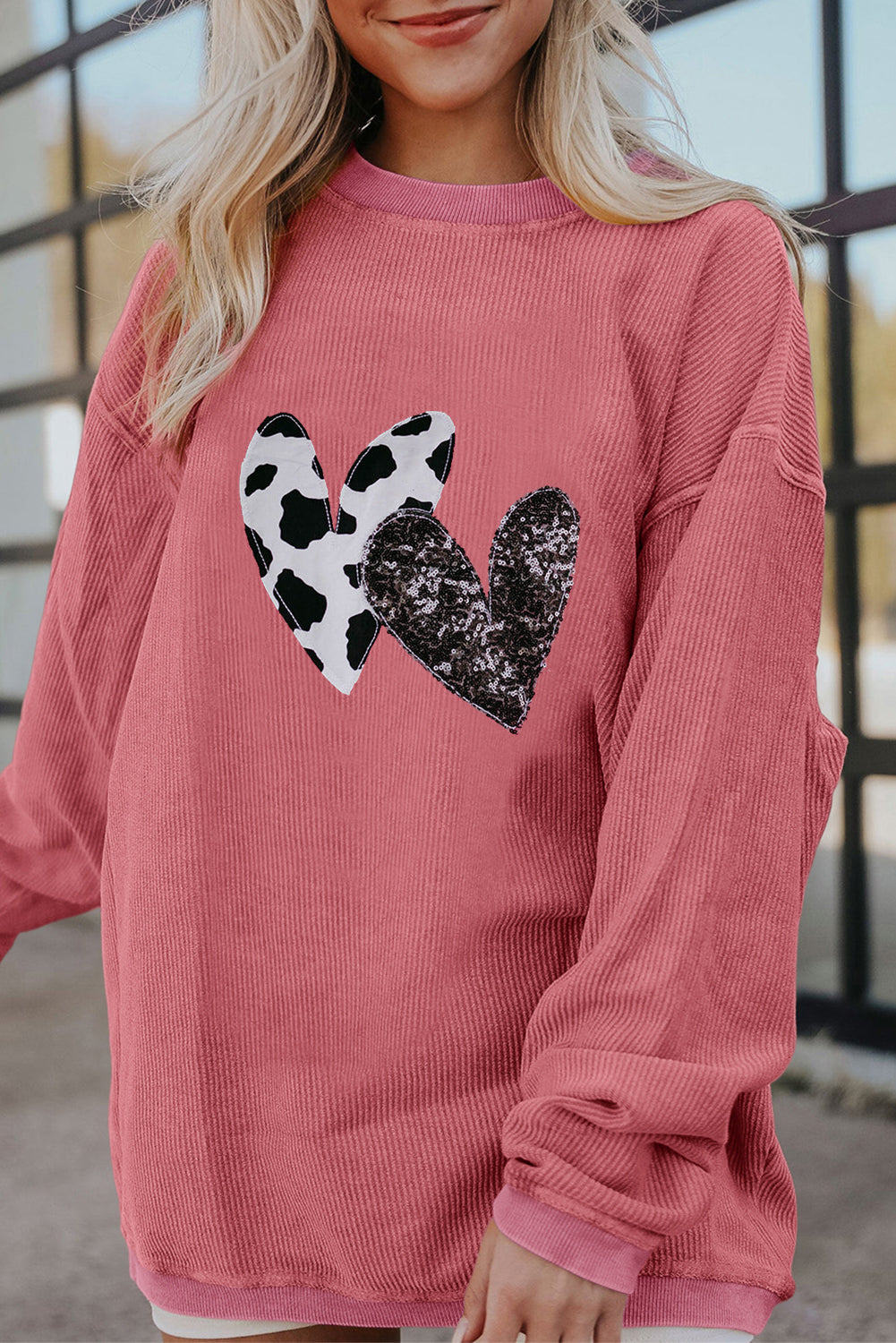 Strawberry Pink Leopard Sequin Heart Graphic Corded Sweatshirt Graphic Sweatshirts JT's Designer Fashion