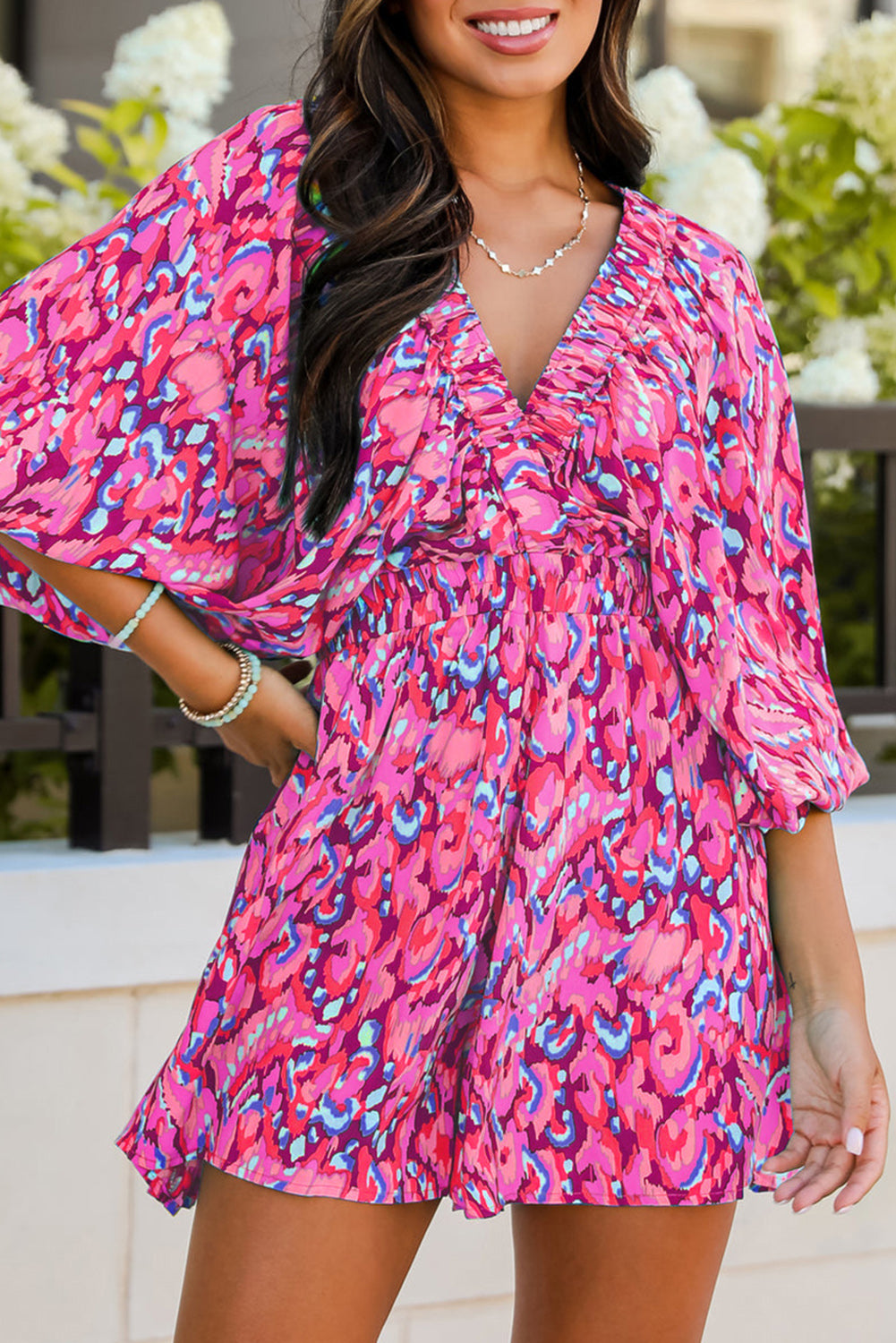 Pink Abstract Print Puff Sleeve V Neck High Waist Romper Pink 100%Polyester Jumpsuits & Rompers JT's Designer Fashion