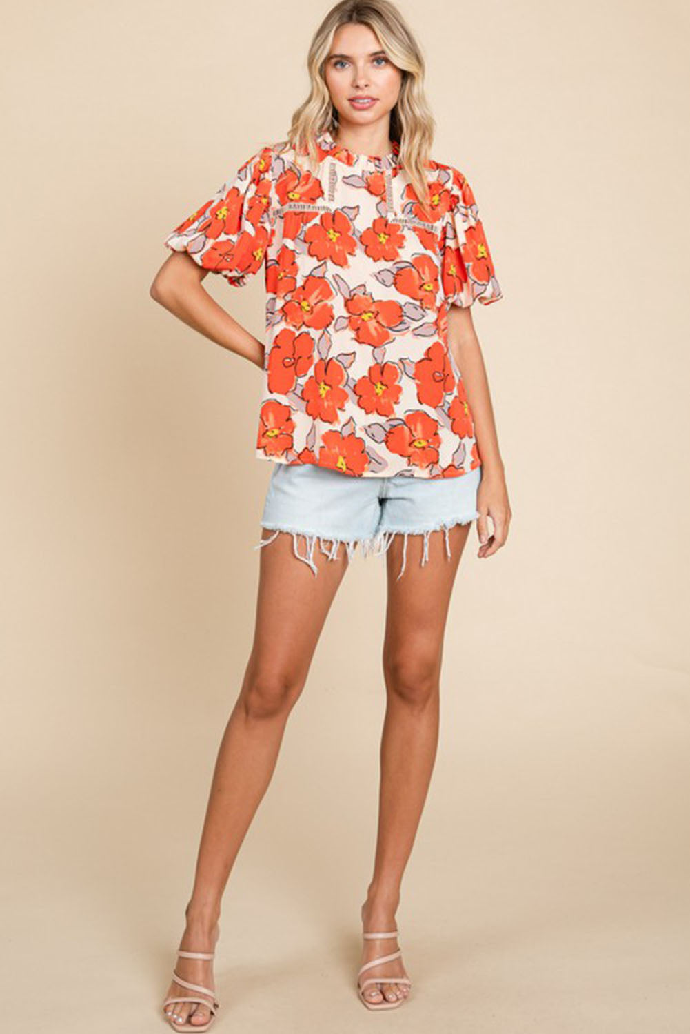 Orange Floral Bubble Sleeve Frill Neck Hollowed Blouse Pre Order Tops JT's Designer Fashion