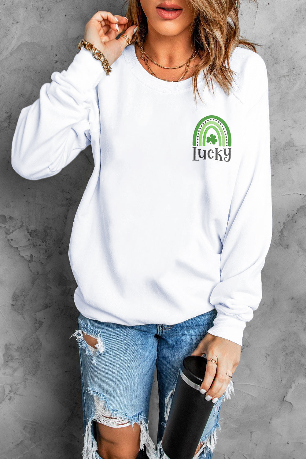 White Lucky Clover St Patrick Rainbow Graphic Sweatshirt Graphic Sweatshirts JT's Designer Fashion