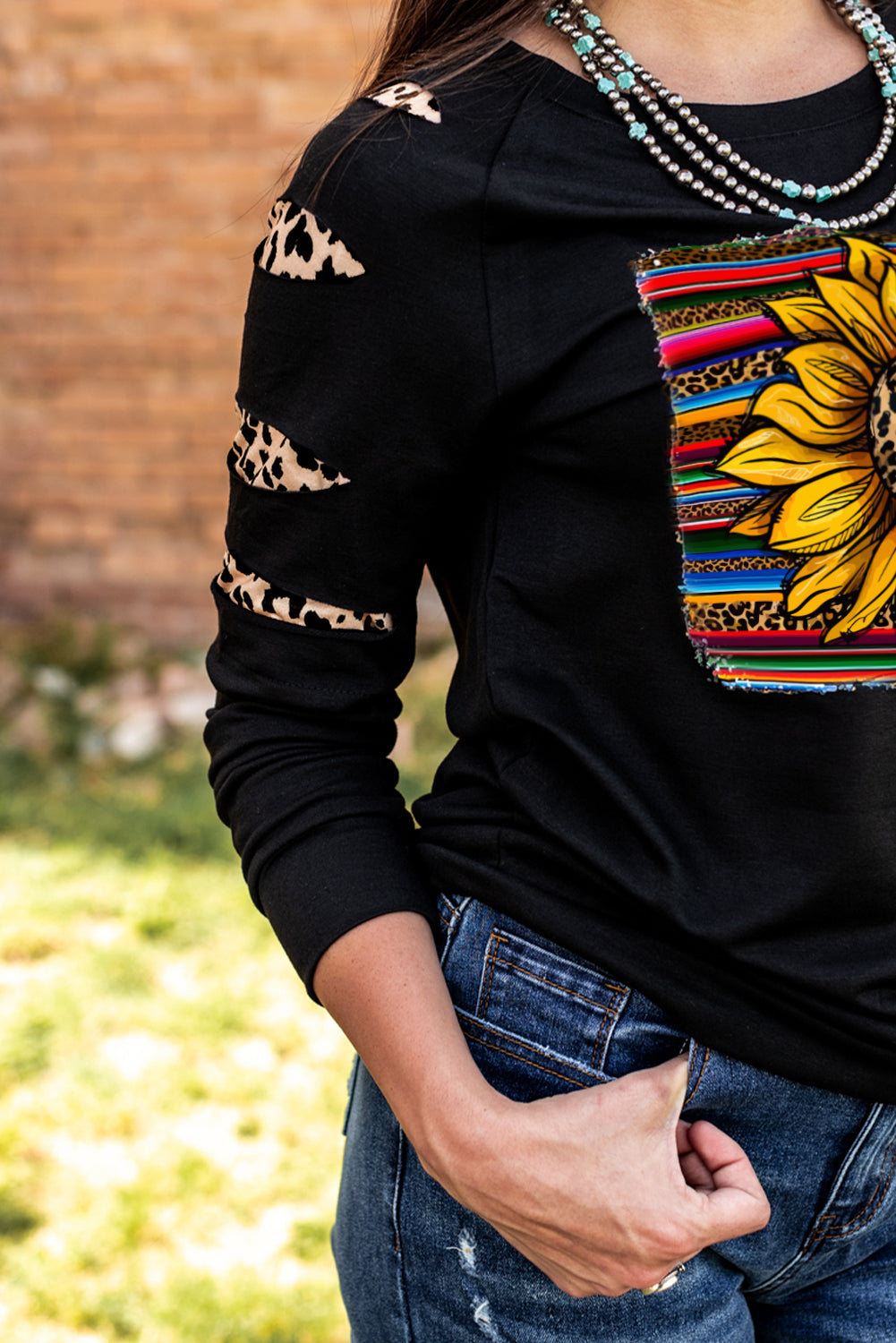Leopard Sunflower Print Cut-out Pullover Sweatshirt Graphic Sweatshirts JT's Designer Fashion