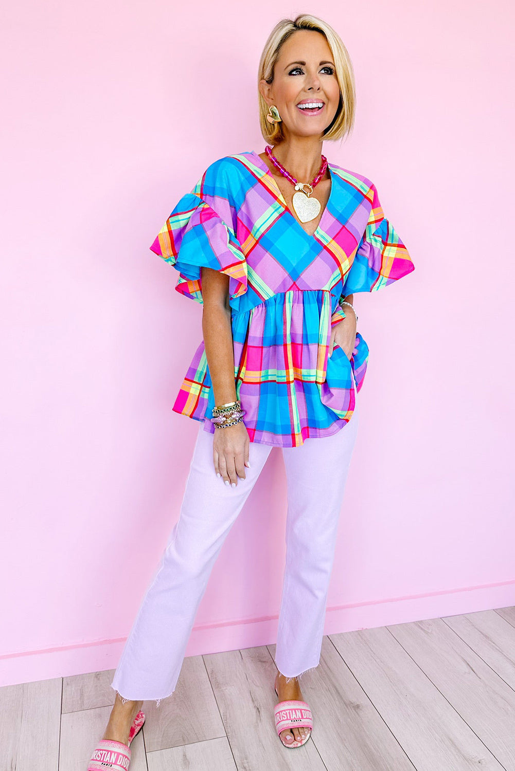 Sky Blue Colorful Plaid V Neck Ruffled Short Sleeve Babydoll Top Tops & Tees JT's Designer Fashion