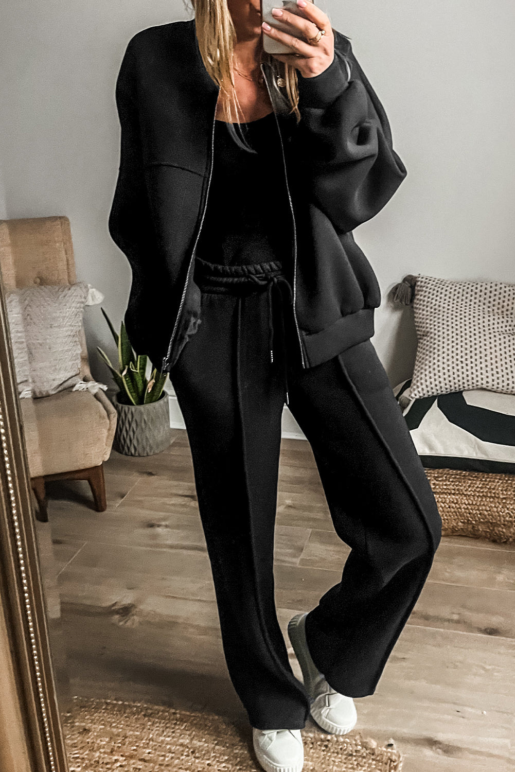 Black Solid Seamed Zipper Jacket and Drawstring Waist Pants Set Pant Sets JT's Designer Fashion