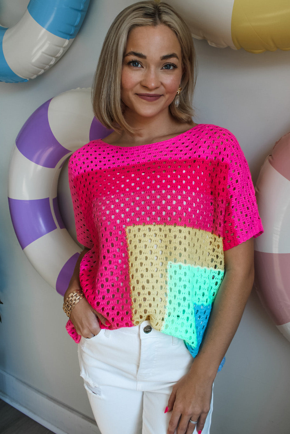 Pink Geometric Color Block Hollowed Crochet Sweater T Shirt Pre Order Sweaters & Cardigans JT's Designer Fashion