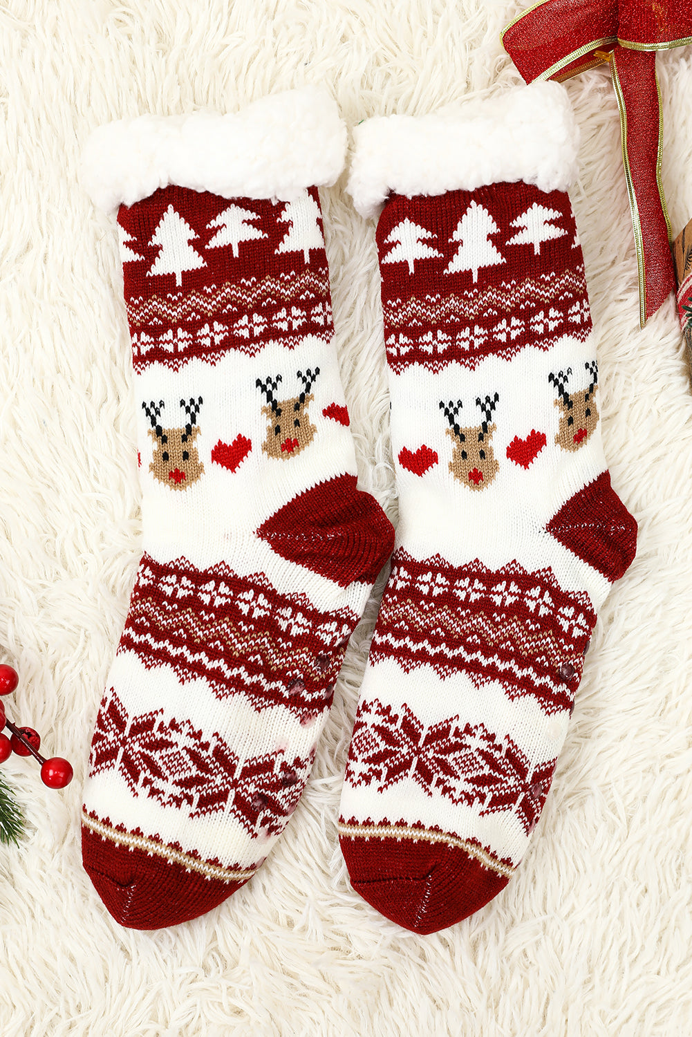 Fiery Red Cartoon Santa Claus Christmas Fleece Socks Socks JT's Designer Fashion