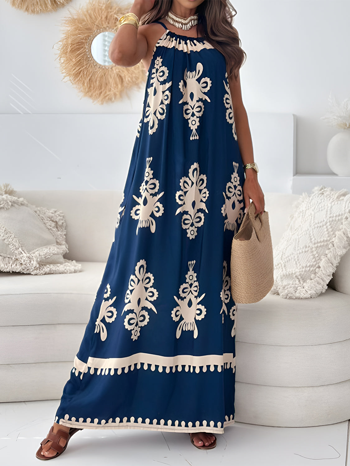 Printed Spaghetti Strap Sleeveless Maxi Dress Navy Maxi Dresses JT's Designer Fashion