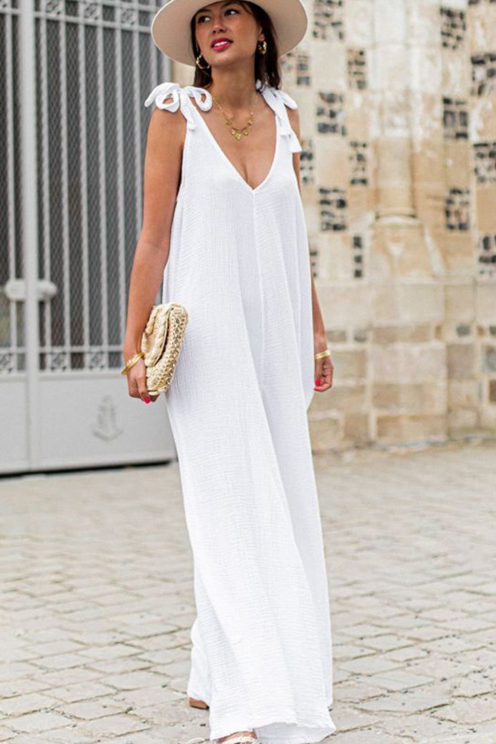 White Textured Tied Straps V Neck Wide Leg Jumpsuit Pre Order Bottoms JT's Designer Fashion