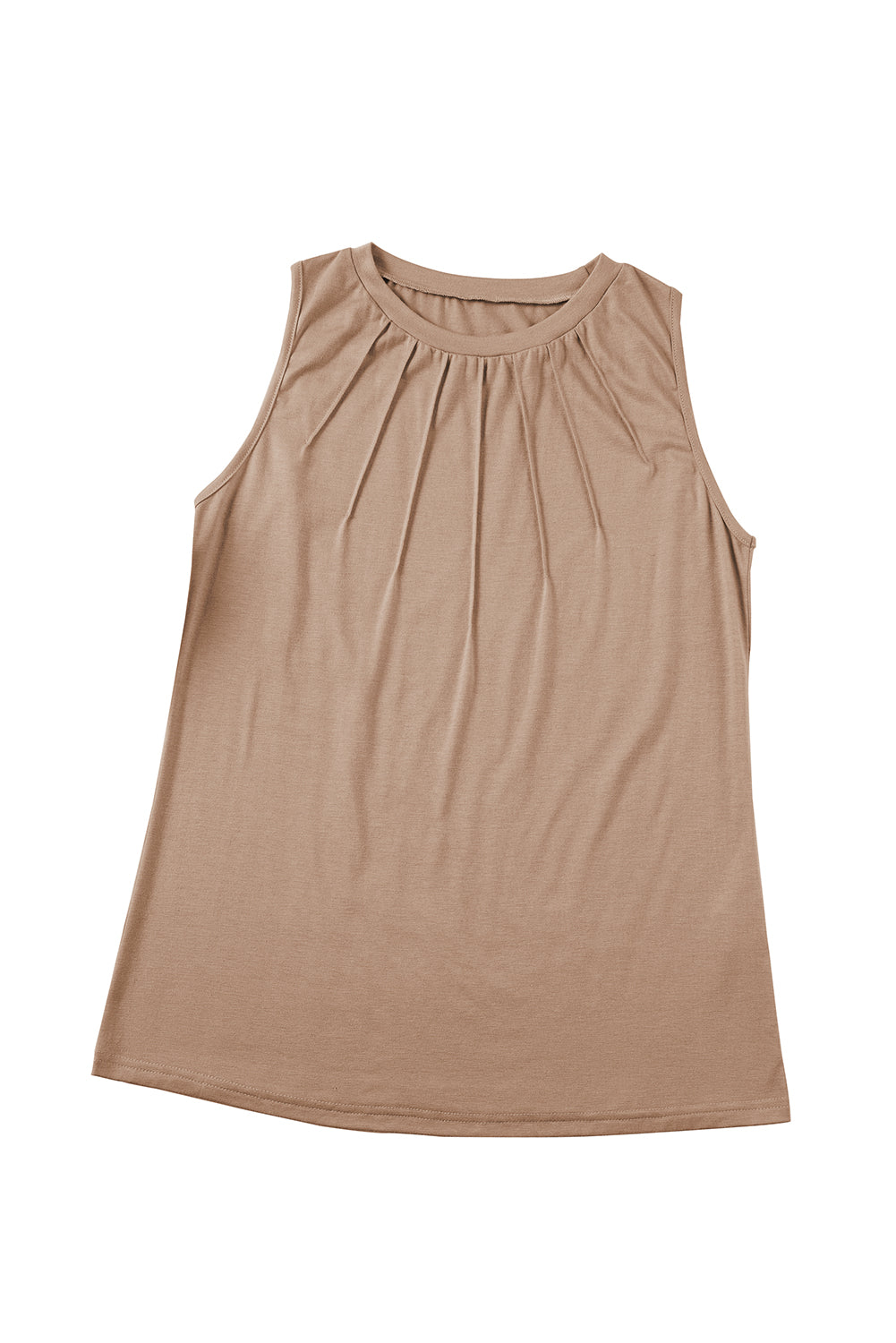 Light French Beige Pleated Detail Round Neck Tank Top Tank Tops JT's Designer Fashion