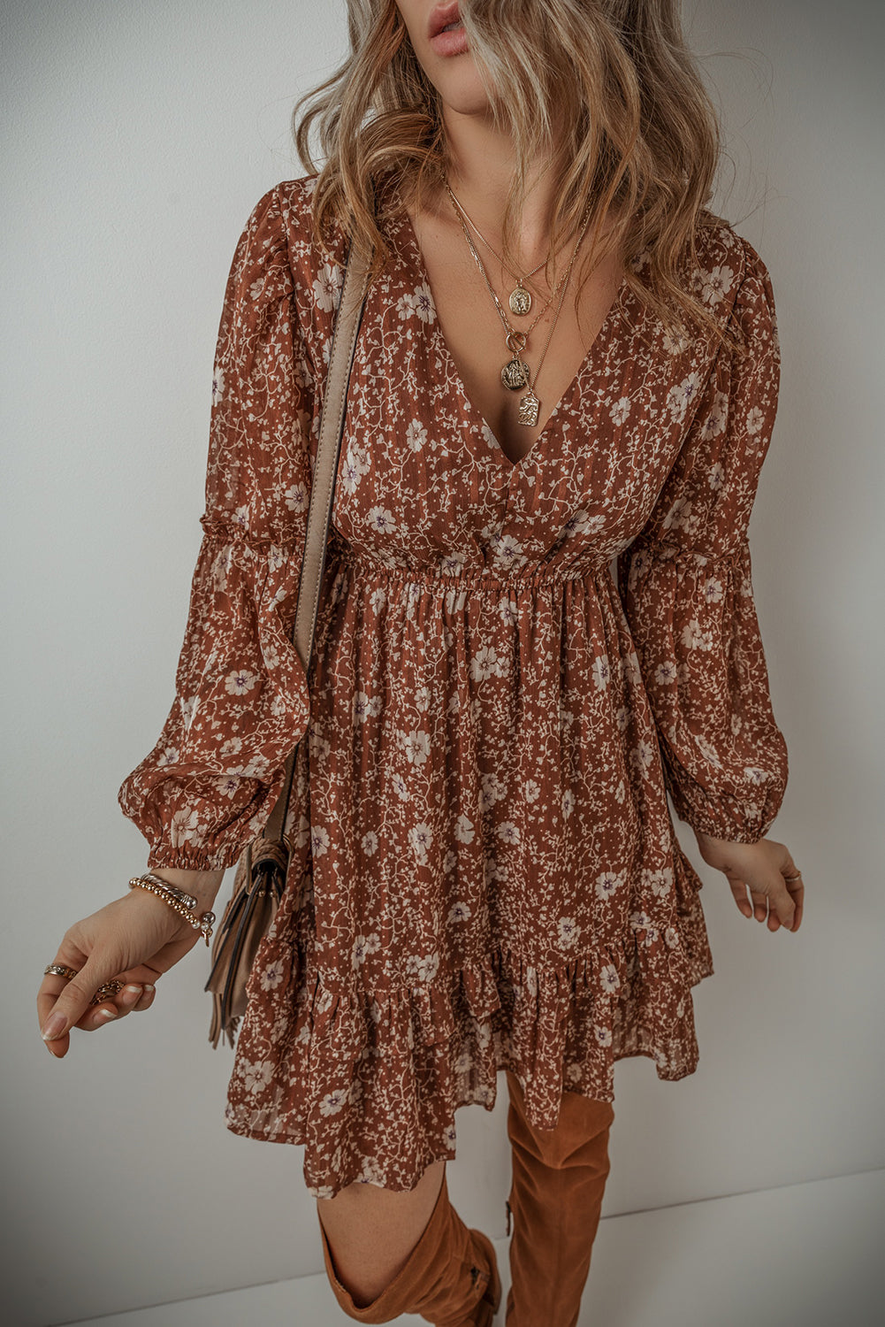 Brown Boho Floral Ruffled Puff Sleeve V Neck Mini Dress Floral Dresses JT's Designer Fashion