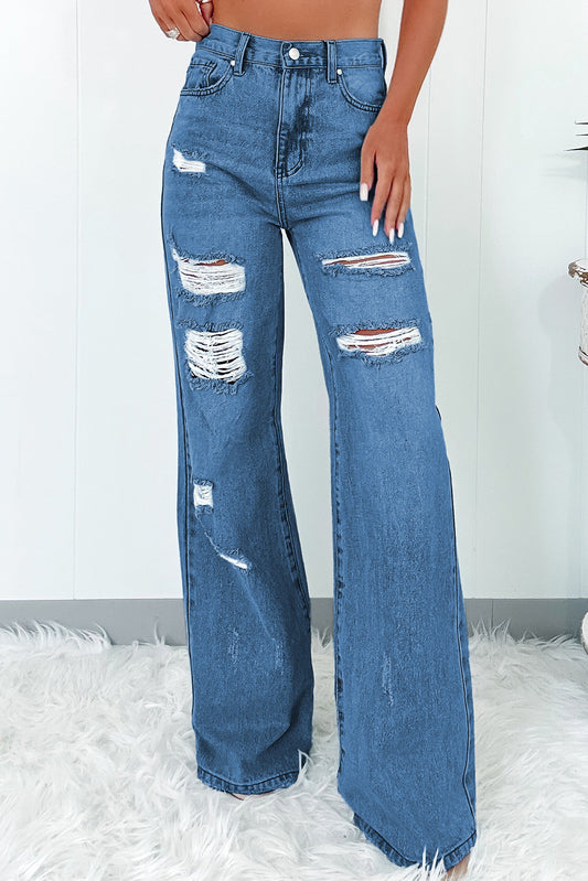 Sail Blue Light Wash Distressed High Waist Wide Leg Jeans Bottoms JT's Designer Fashion