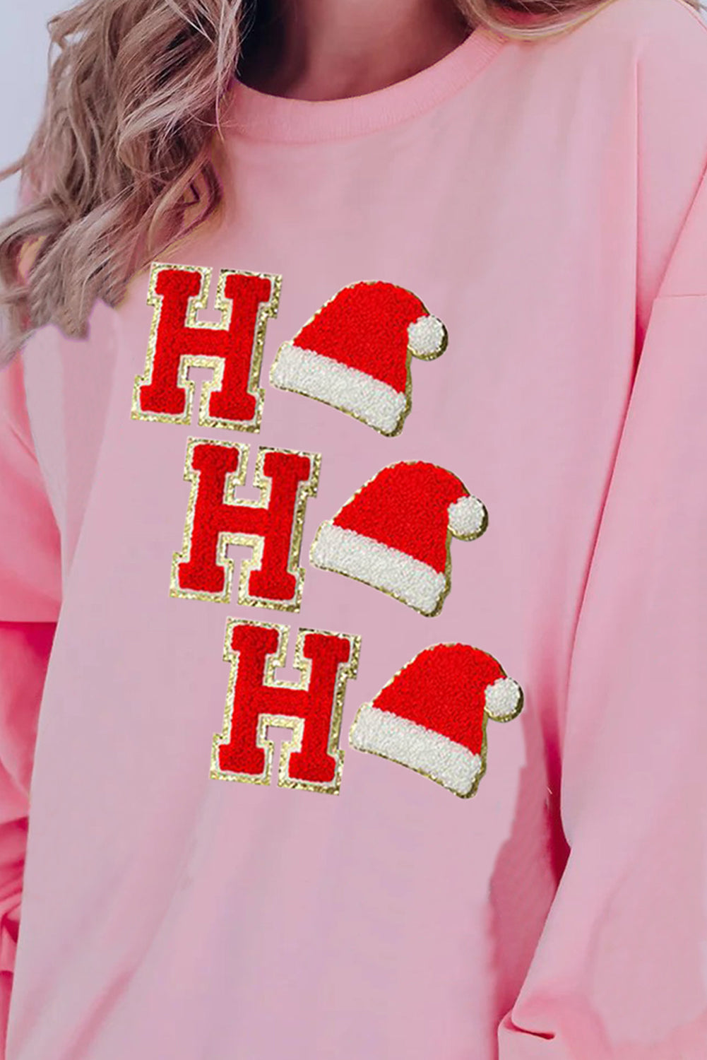 Light Pink Sequin Christmas Hat HO HO HO Graphic Pullover Sweatshirt Sweatshirts & Hoodies JT's Designer Fashion