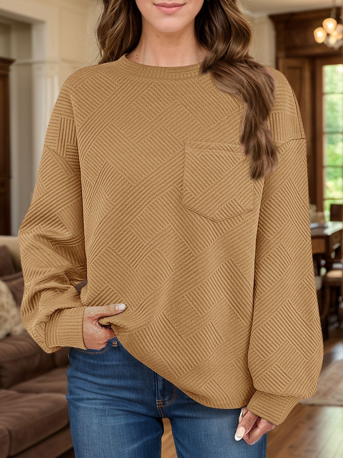 Full Size Texture Round Neck Long Sleeve Sweatshirt Camel Long Sleeve Tops JT's Designer Fashion