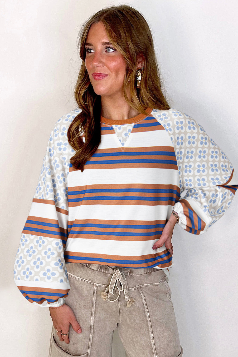 White Striped Floral Printed Patchwork Lantern Sleeve Blouse Blouses & Shirts JT's Designer Fashion