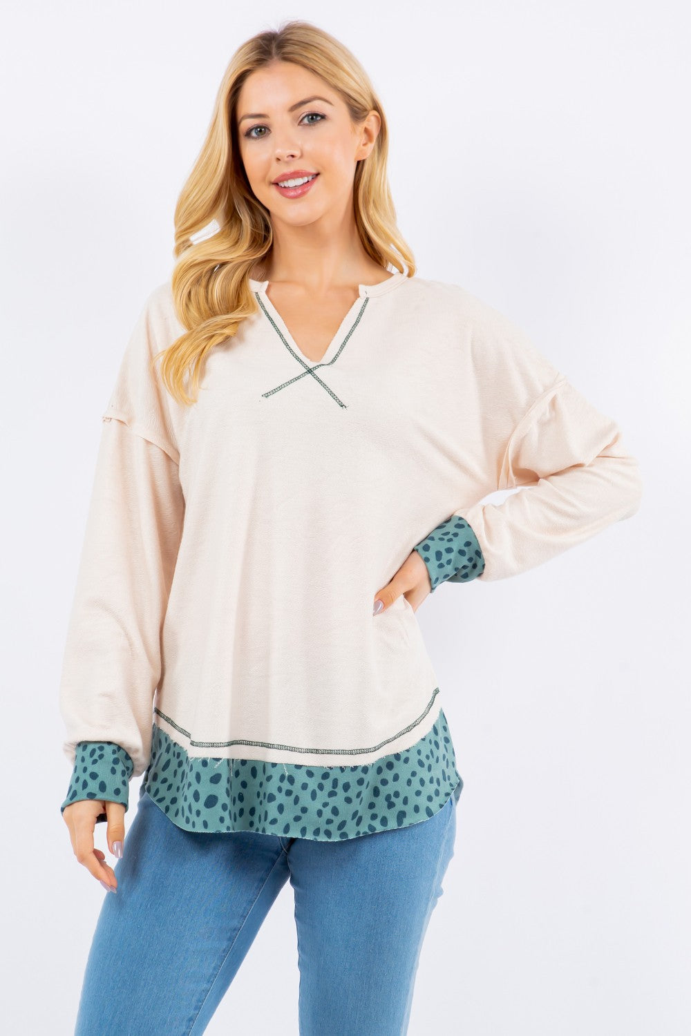 Contrast Stitching Notched Dropped Shoulder Blouse Ivory Long Sleeve Tops JT's Designer Fashion