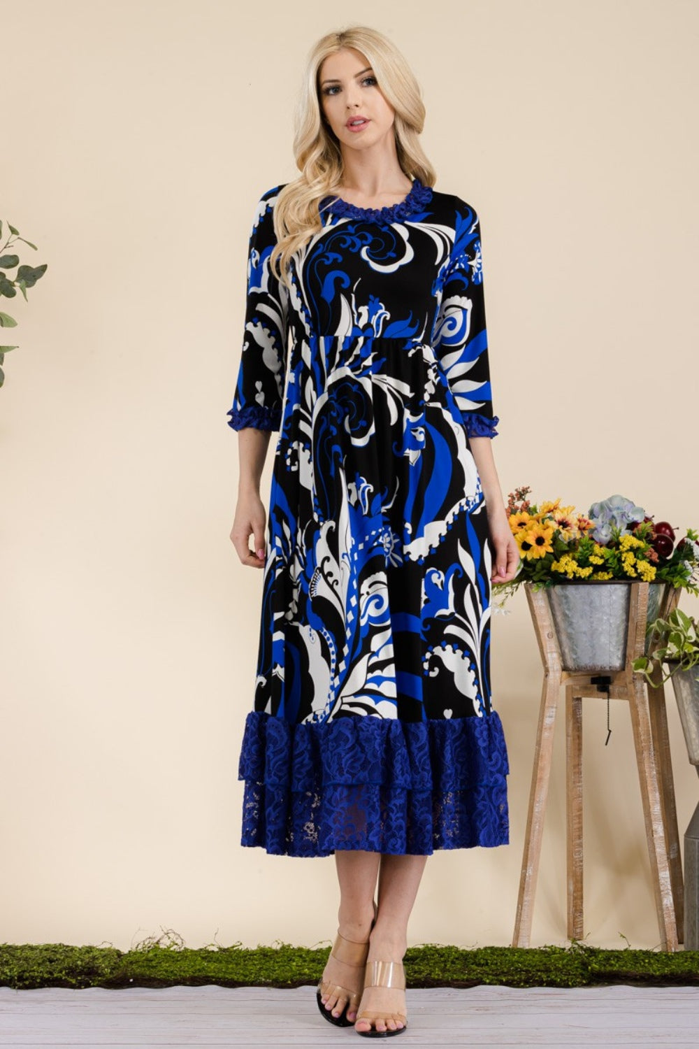 Celeste Full Size Paisley Print Lace Ruffled Midi Dress Midi Dresses JT's Designer Fashion