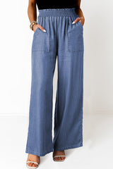 Sky Blue Side Pockets Frilled Smocked High Waist Wide Leg Jeans Bottoms JT's Designer Fashion