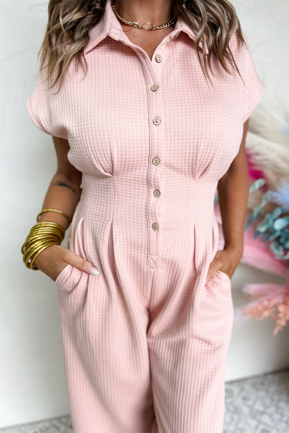 Light Pink Waffle Short Sleeve Collared Button Up Jumpsuit Bottoms JT's Designer Fashion