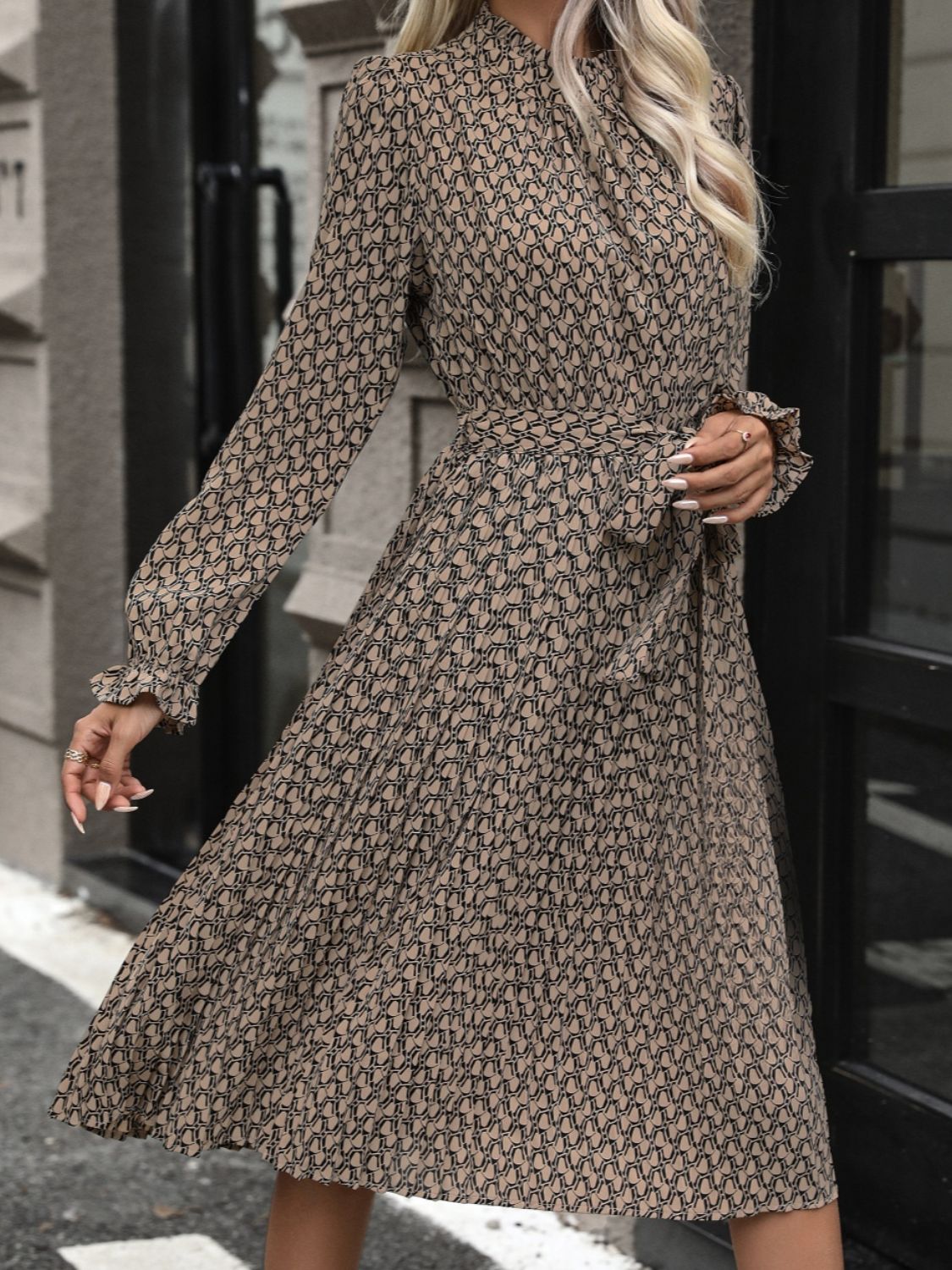 Printed Mock Neck Flounce Sleeve Dress Midi Dresses JT's Designer Fashion