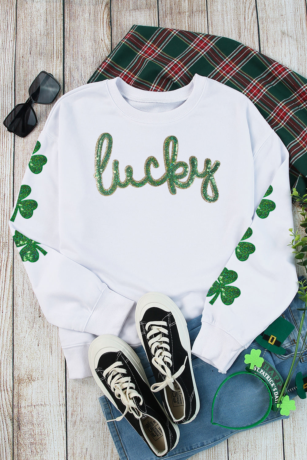 White Sequin lucky Lettering Clover Patched Sleeve Drop Shoulder Sweatshirt Graphic Sweatshirts JT's Designer Fashion