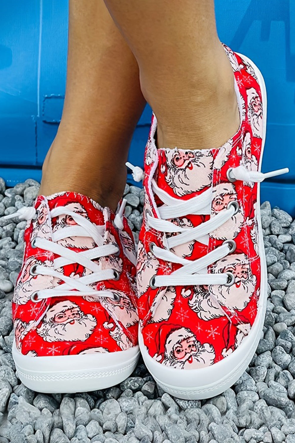 Fiery Red Santa Claus Printed Stitching Detail Flat Shoes Women's Shoes JT's Designer Fashion