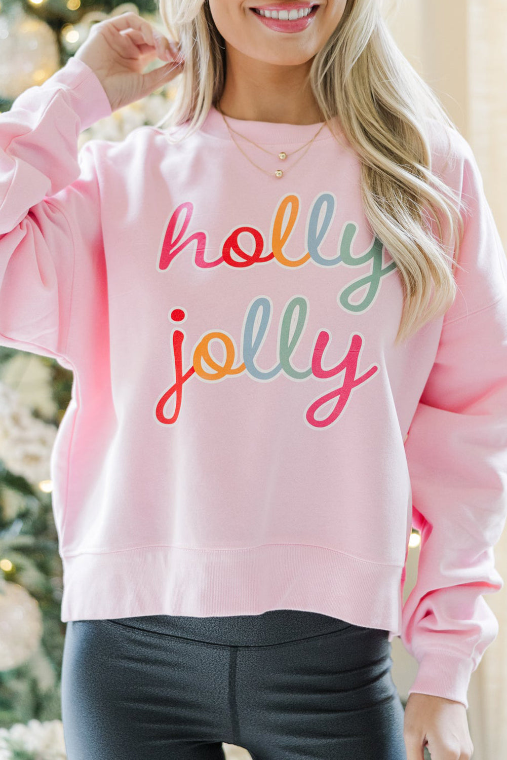 Pink holly jolly Printed Round Neck Christmas Sweatshirt Pink 50%Polyester+50%Cotton Graphic Sweatshirts JT's Designer Fashion