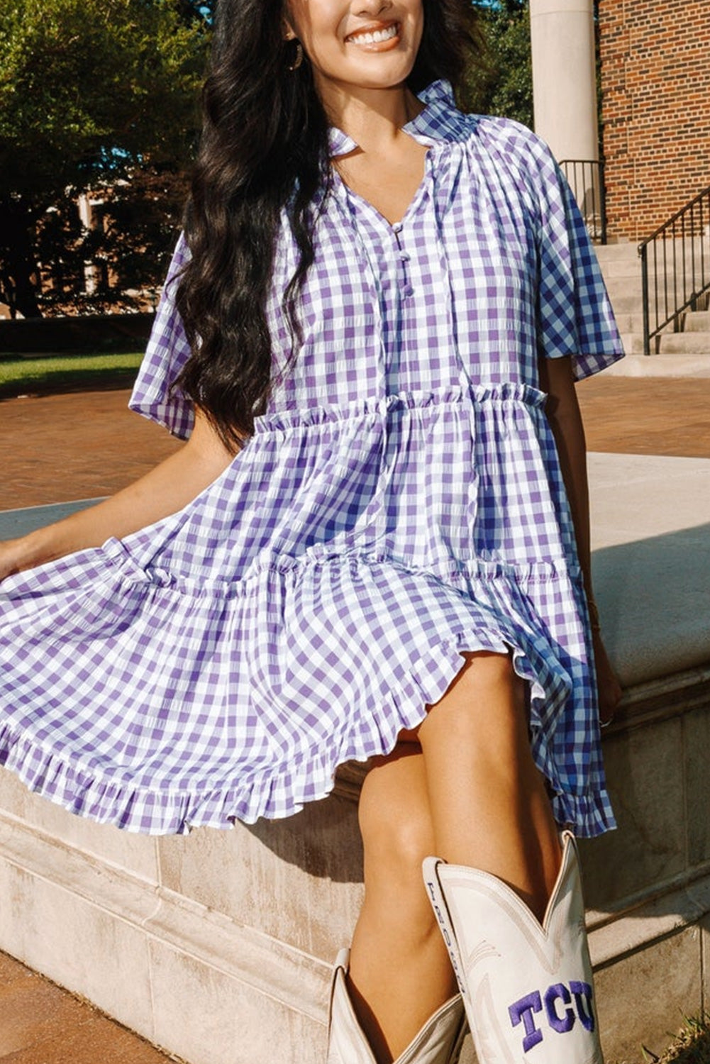 Lavendula Plaid Ruffle Wide Short Sleeve Babydoll Mini Dress Mini Dresses JT's Designer Fashion