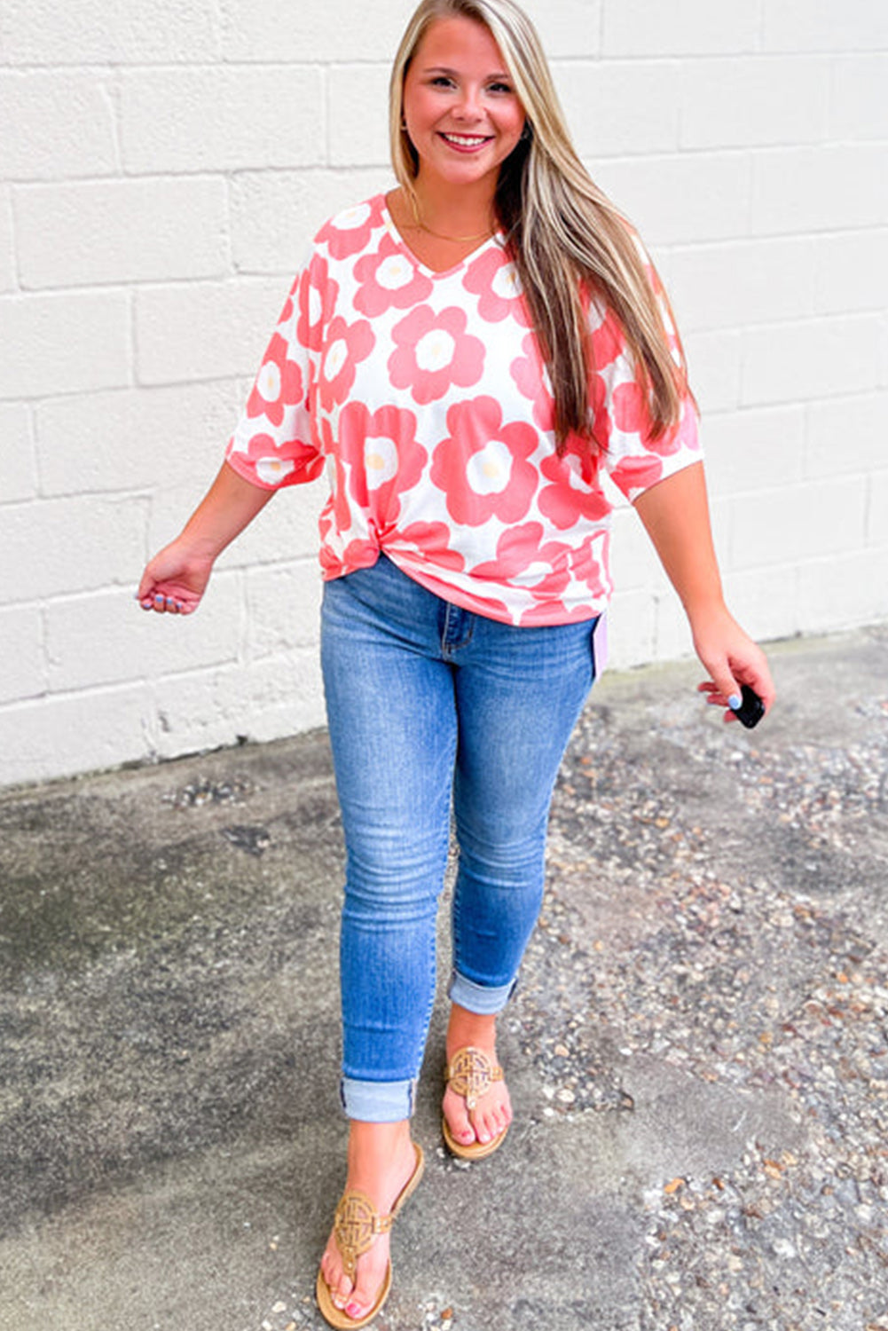 Pink Floral Print Half Sleeve V Neck Curvy T Shirt Plus Size JT's Designer Fashion