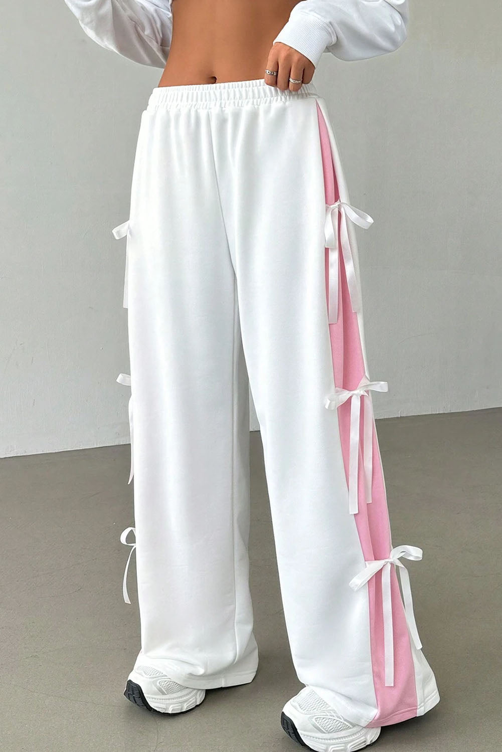 White Elastic Waist Colorblock Patchwork Side Bowtie Wide Leg Pants Bottoms JT's Designer Fashion
