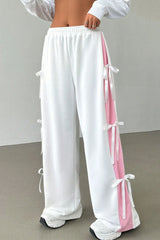 White Elastic Waist Colorblock Patchwork Side Bowtie Wide Leg Pants Bottoms JT's Designer Fashion