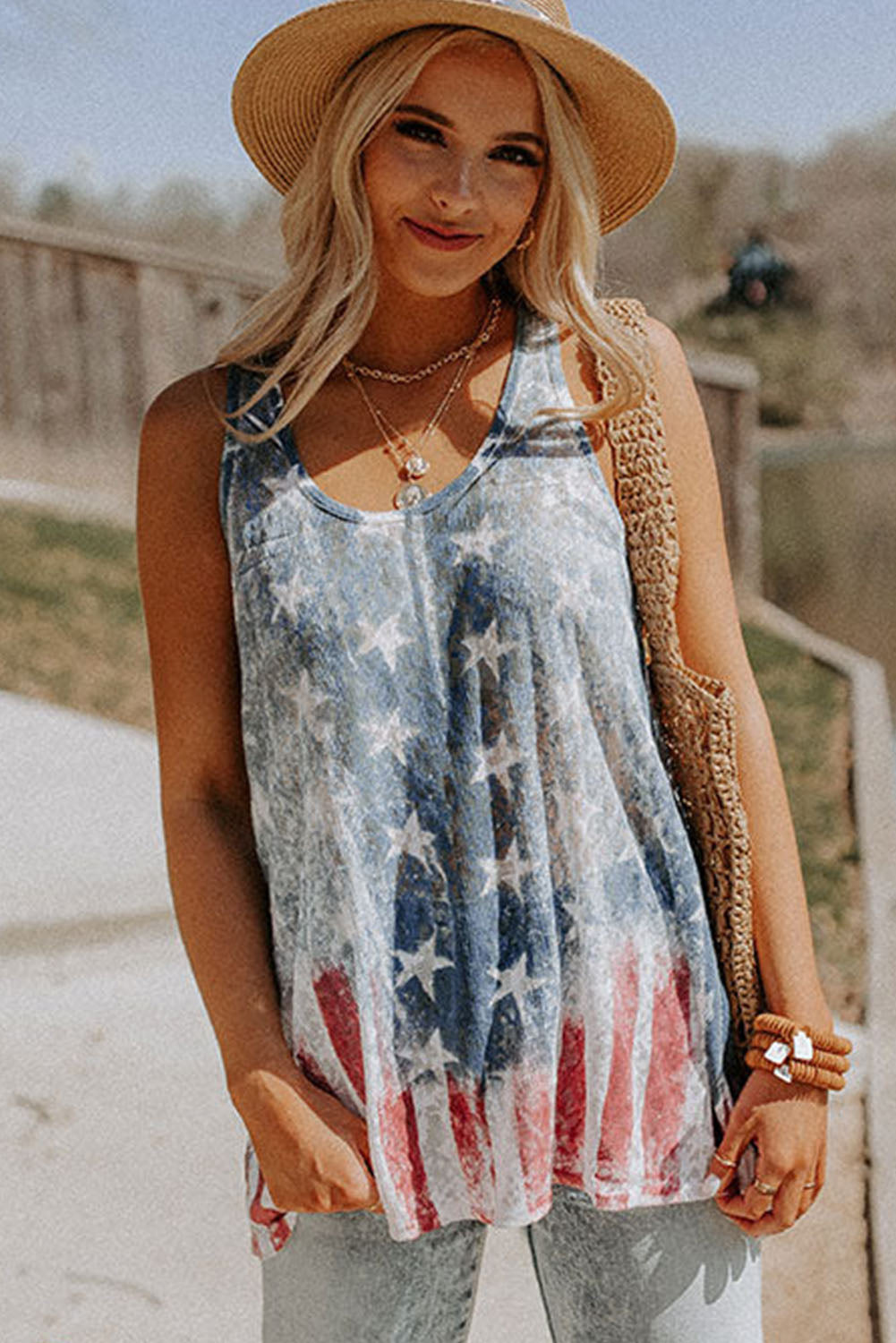 Blue Vintage Washed Flag Stars and Stripes Shift Tank Top Tops & Tees JT's Designer Fashion