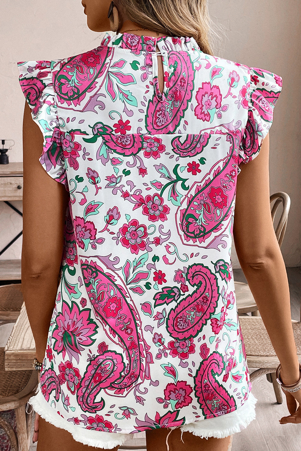 Rose Paisley Floral Smocked Frilled Neck Flutter Sleeve Blouse Blouses & Shirts JT's Designer Fashion