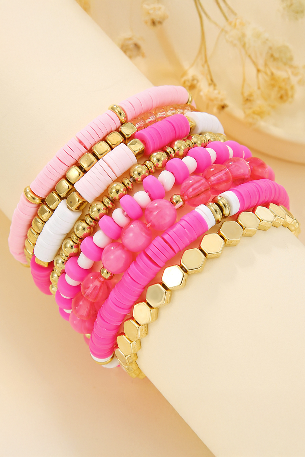 Sachet Pink 8pcs Valentine Vibe Beaded Elastic Bracelet Set Jewelry JT's Designer Fashion