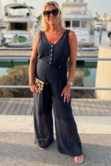 Black Lace Sleeveless V Neck Buttoned Front Belted Wide Leg Jumpsuit Pre Order Bottoms JT's Designer Fashion