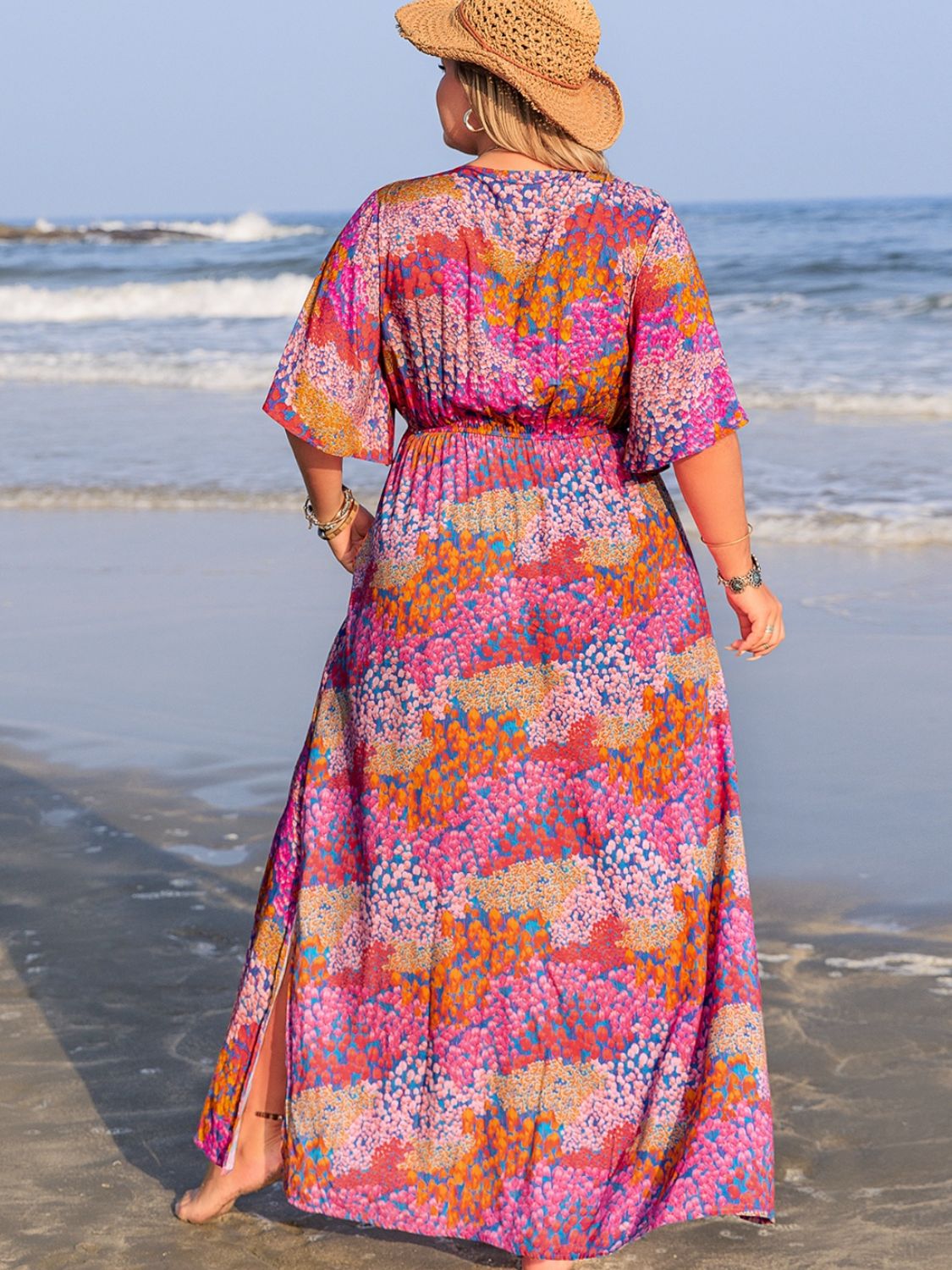 Plus Size Slit Printed Half Sleeve Dress Maxi Dresses JT's Designer Fashion