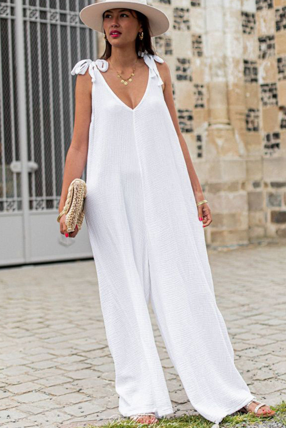 White Textured Tied Straps V Neck Wide Leg Jumpsuit Pre Order Bottoms JT's Designer Fashion