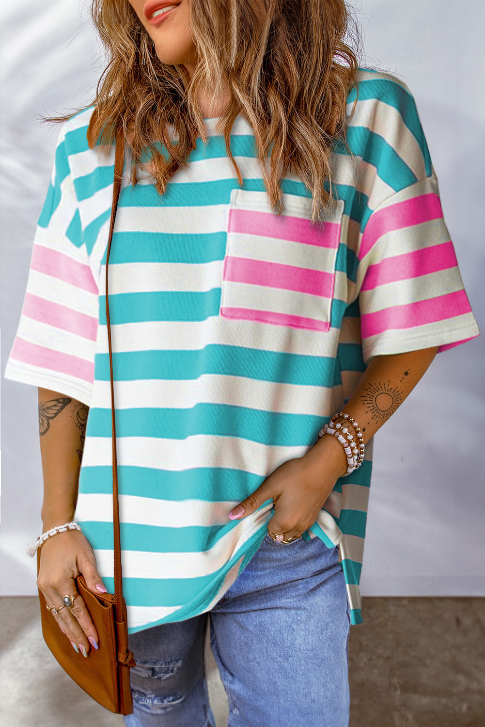 Blue Stripe Contrast Patch Pocket Drop Sleeve T Shirt Tops & Tees JT's Designer Fashion