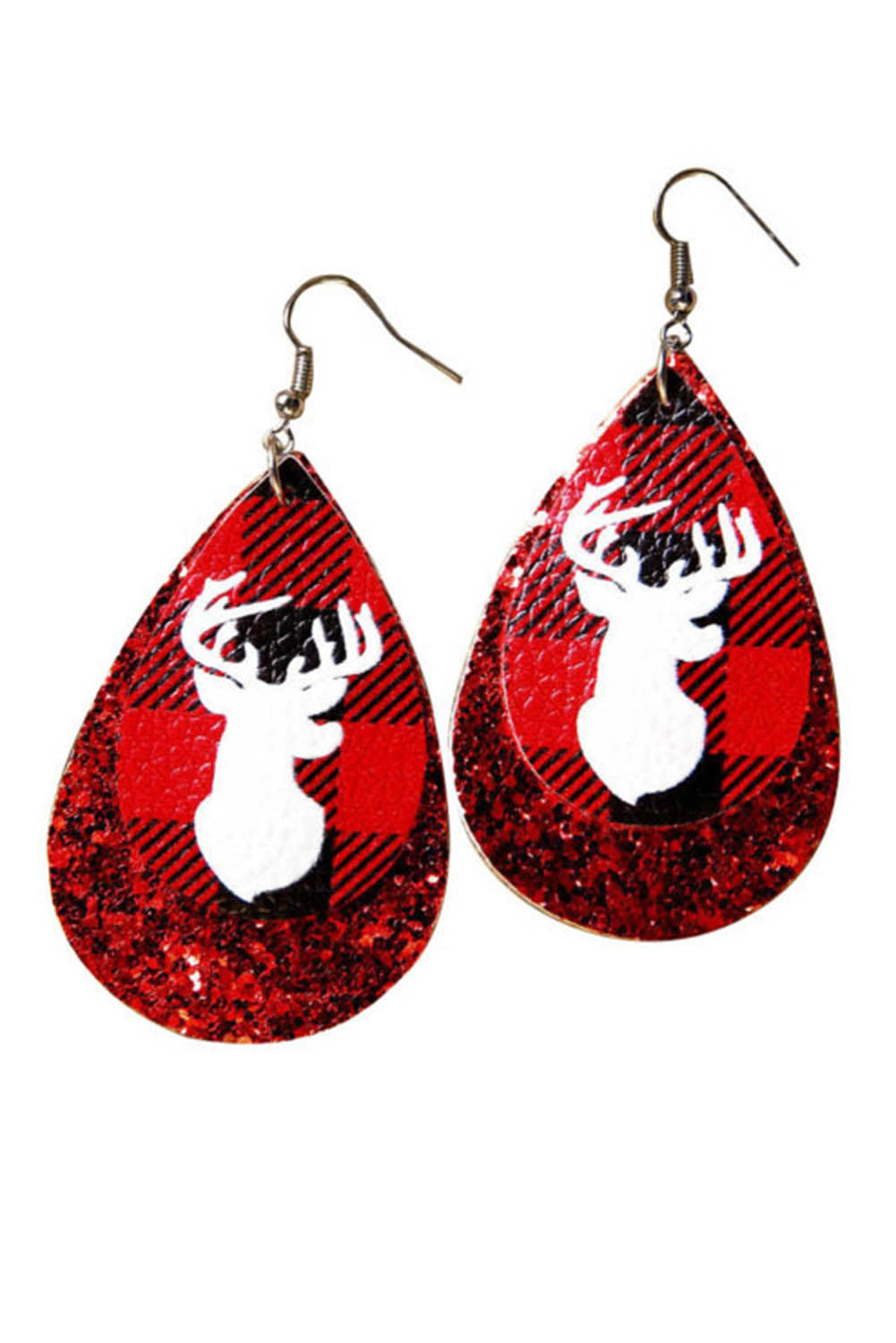 Fiery Red Christmas Plaid Elk Print Leather Drop Earrings Jewelry JT's Designer Fashion