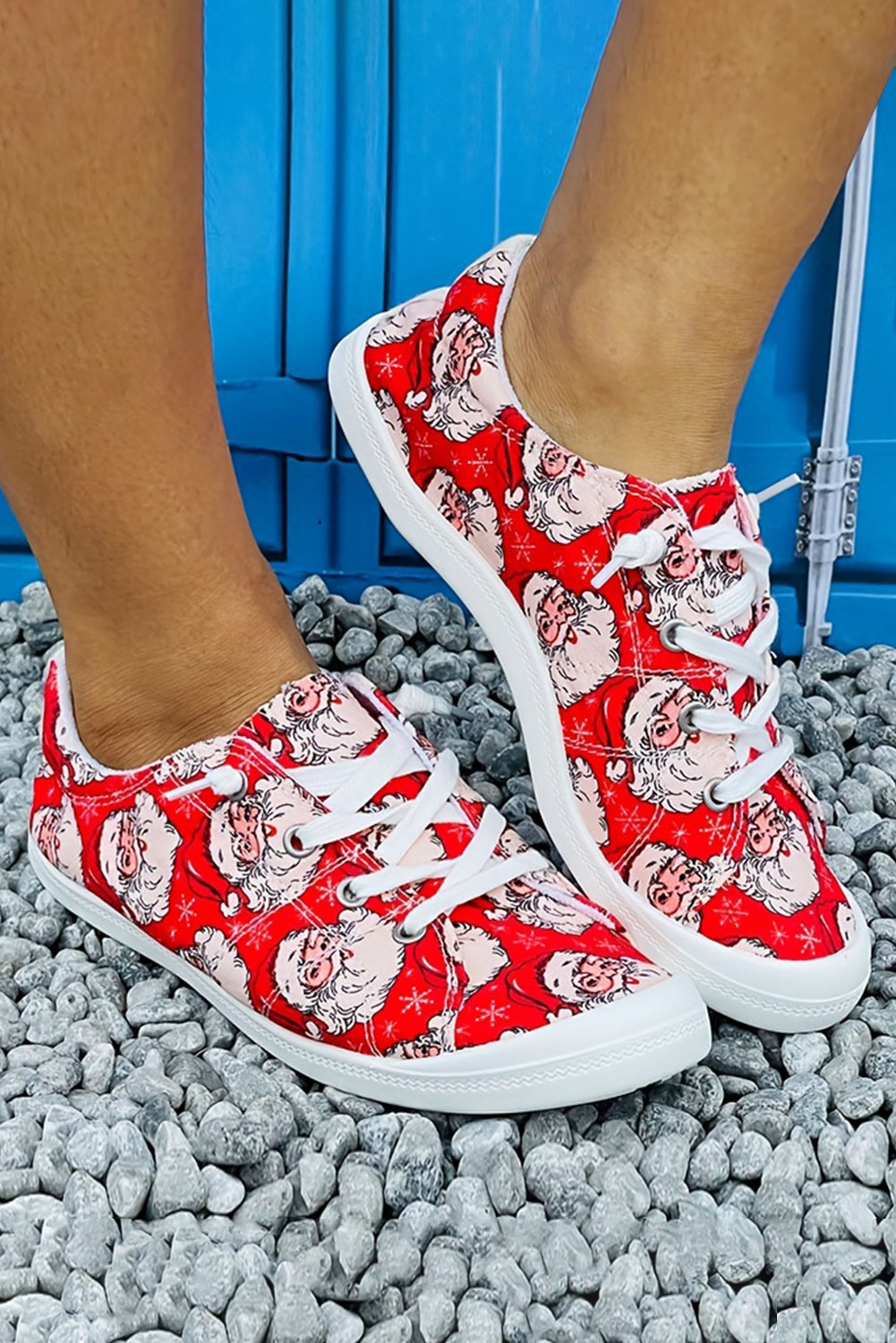 Fiery Red Santa Claus Printed Stitching Detail Flat Shoes Women's Shoes JT's Designer Fashion