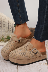 Parchment Rivet Buckle Closed Toe Platform Slippers Slippers JT's Designer Fashion
