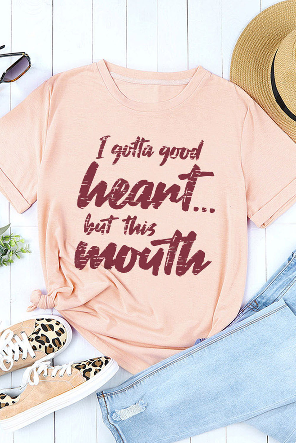 Pink I Gotta Good Heart But This Mouth Slogan Graphic Tee Graphic Tees JT's Designer Fashion