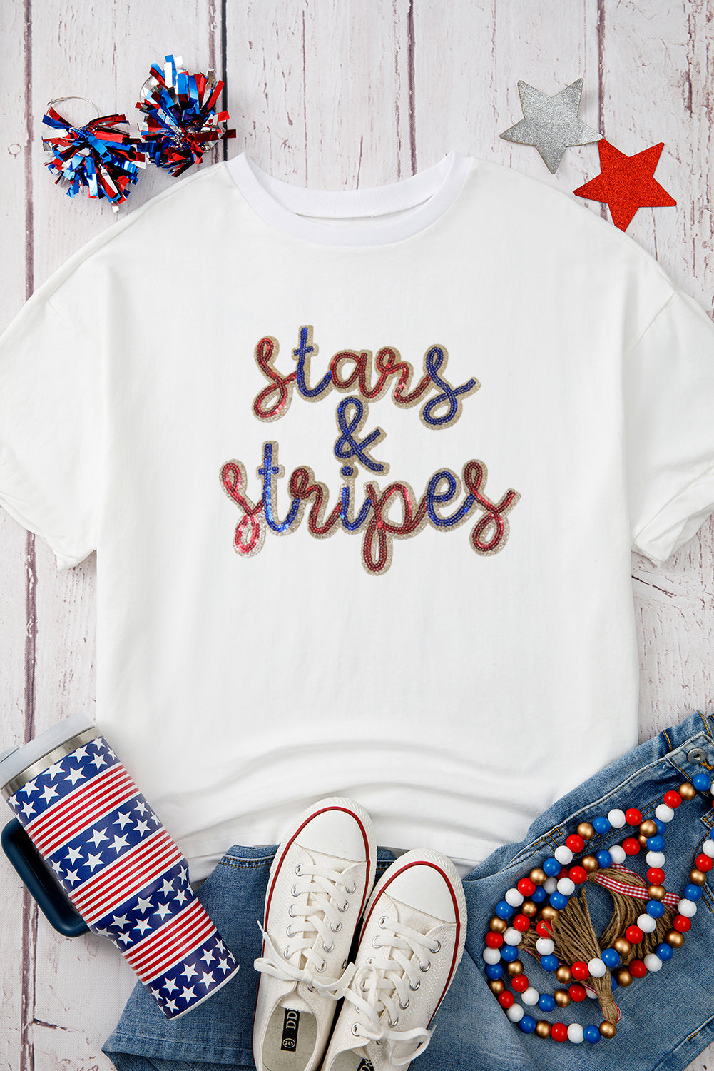 White Sequin stars & stripes Graphic Drop Shoulder Loose T Shirt Graphic Tees JT's Designer Fashion