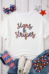 White Sequin stars & stripes Graphic Drop Shoulder Loose T Shirt Graphic Tees JT's Designer Fashion