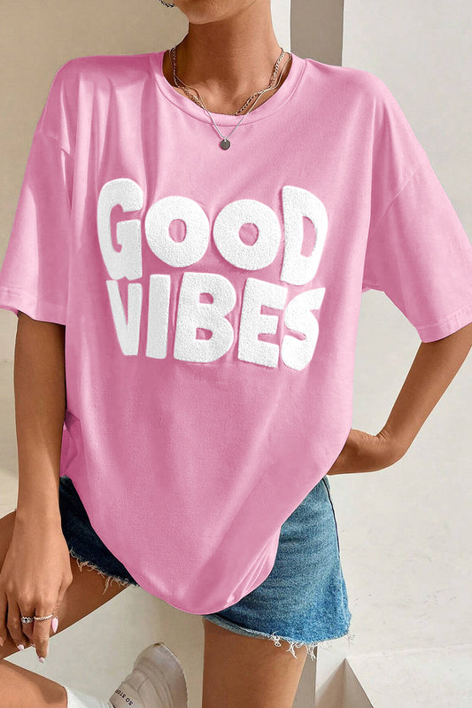 Pink GOOD VIBES Chenille Embroidered Crewneck T Shirt Tops & Tees JT's Designer Fashion