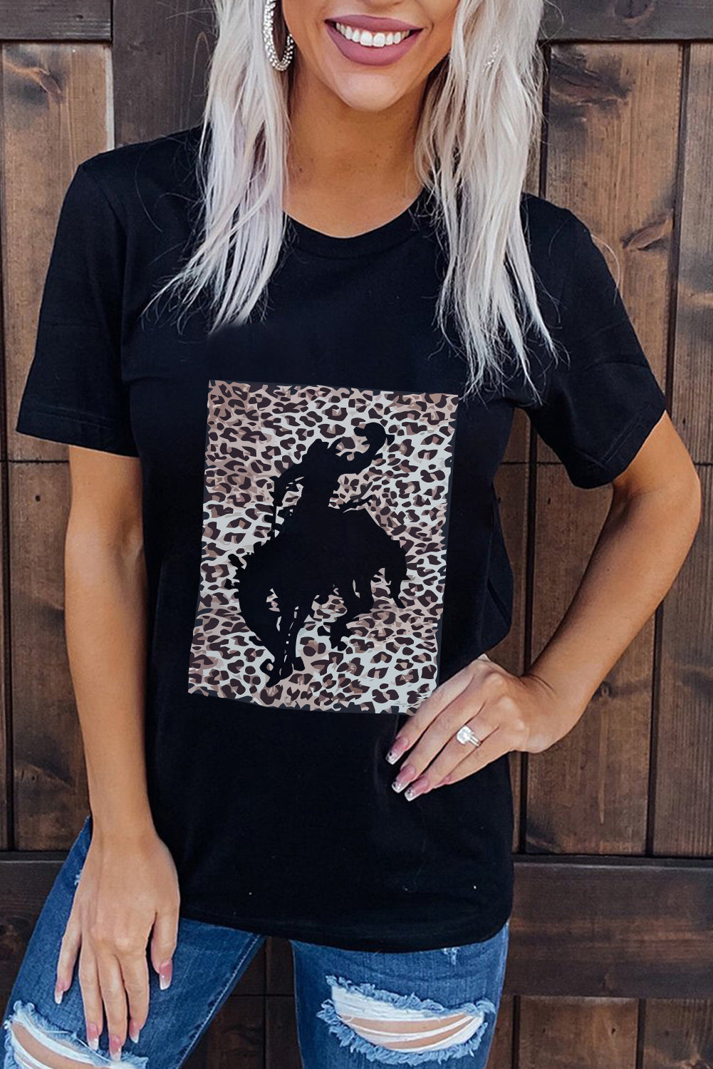 Black Leopard Hollowed Cowboy Graphic T-shirt Graphic Tees JT's Designer Fashion