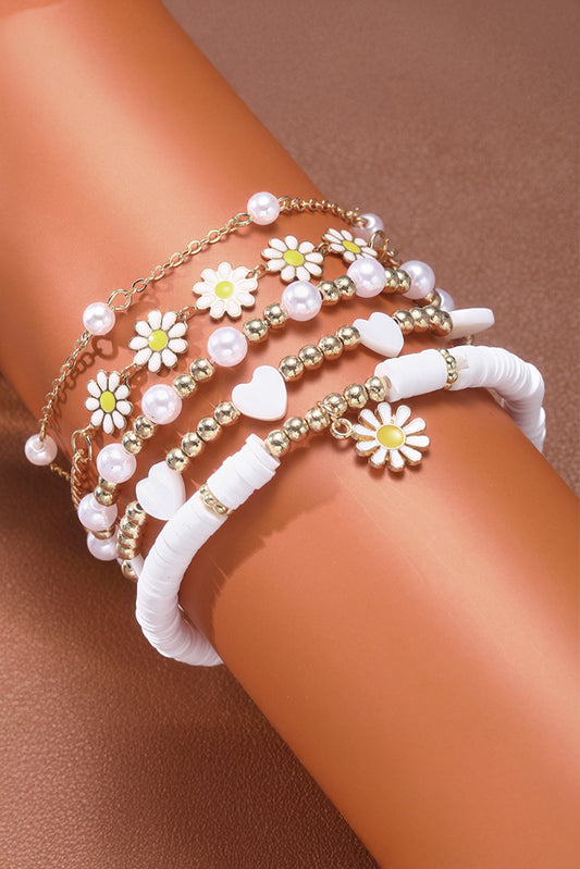 White Daisy Heart Pearl Beaded Multi Layer Bracelet Set Jewelry JT's Designer Fashion