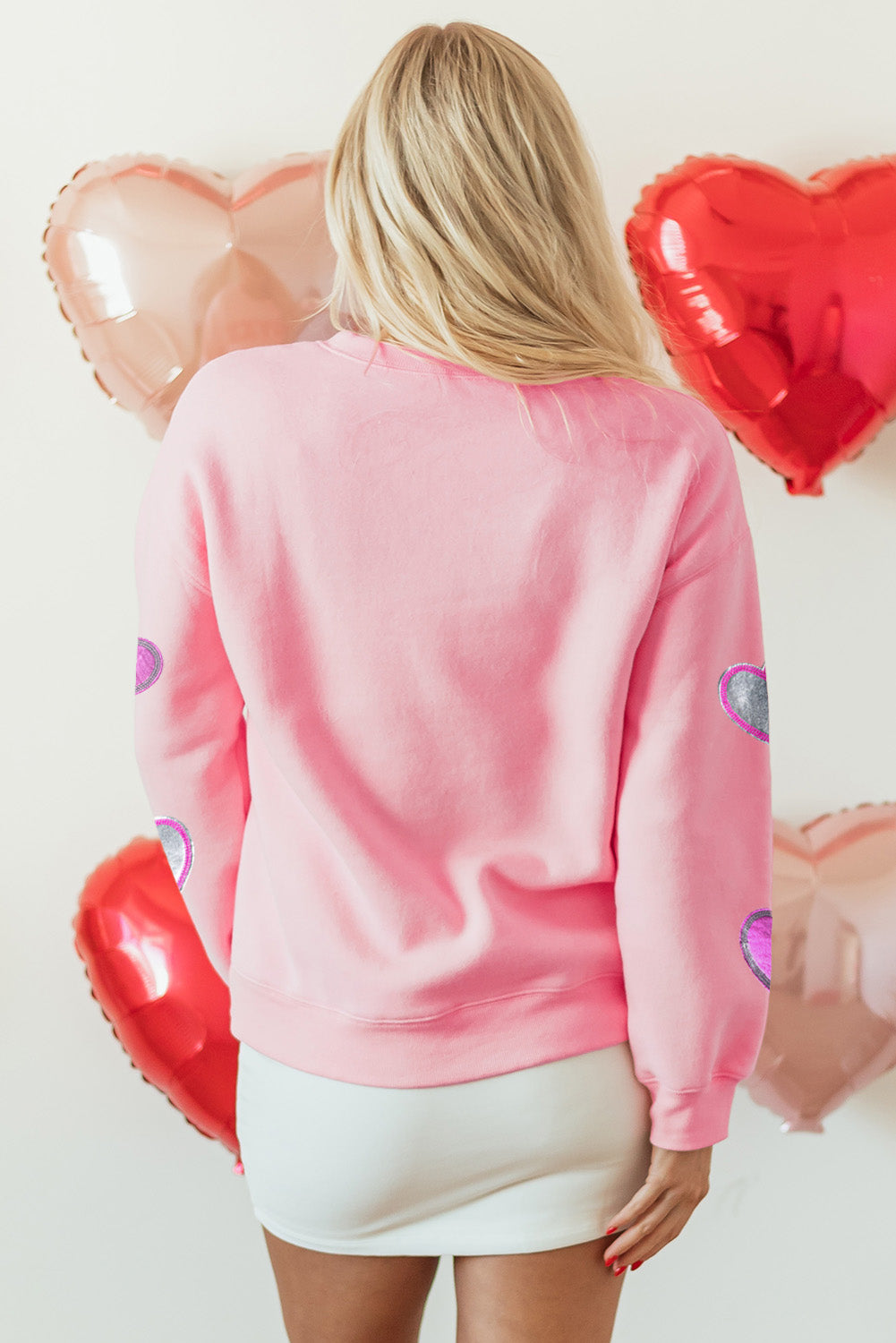 Pink Valentines Heart Patched Drop Shoulder Sweatshirt Graphic Sweatshirts JT's Designer Fashion