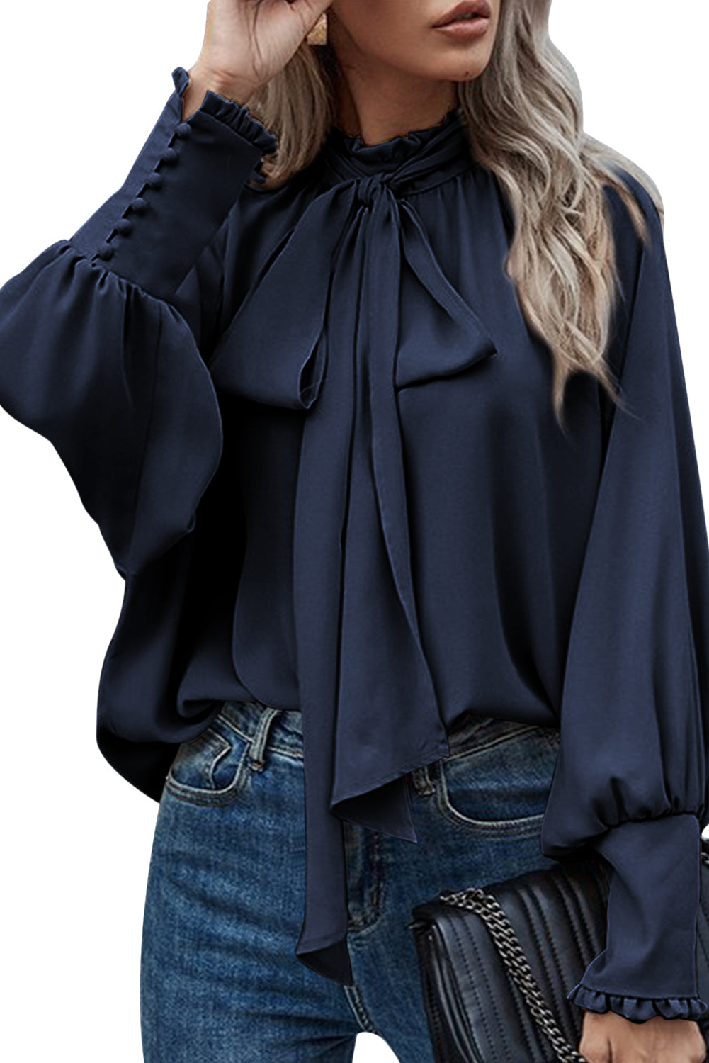 Navy Blue Frilled Knotted Mock Neck Bishop Sleeve Blouse Blouses & Shirts JT's Designer Fashion